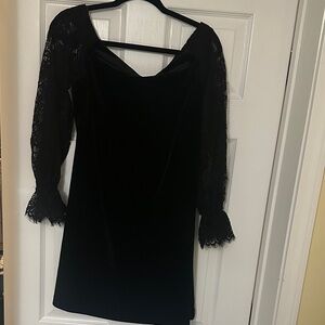 White House Black Market Black Velvet Dress with Lace Sleeves